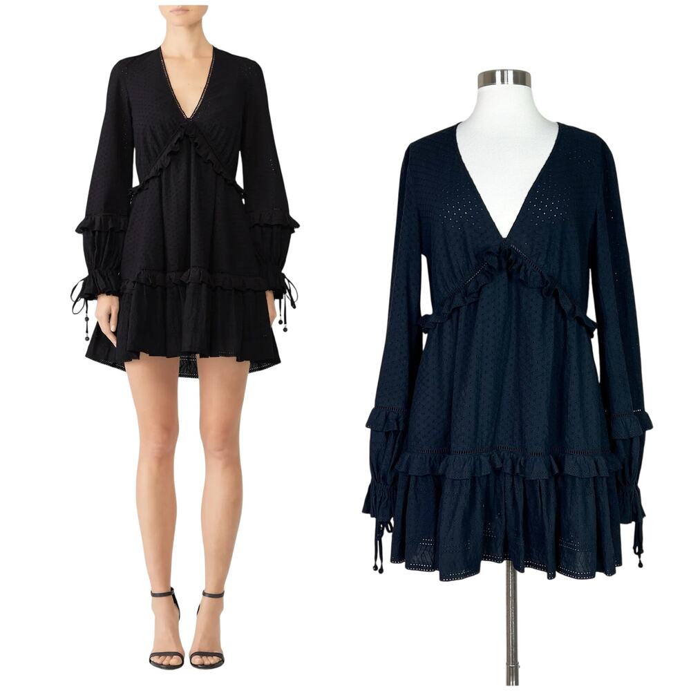Jonathan Simkhai | Embroidered Black Eyelet Ruffle Cotton Mini Dress Medium
